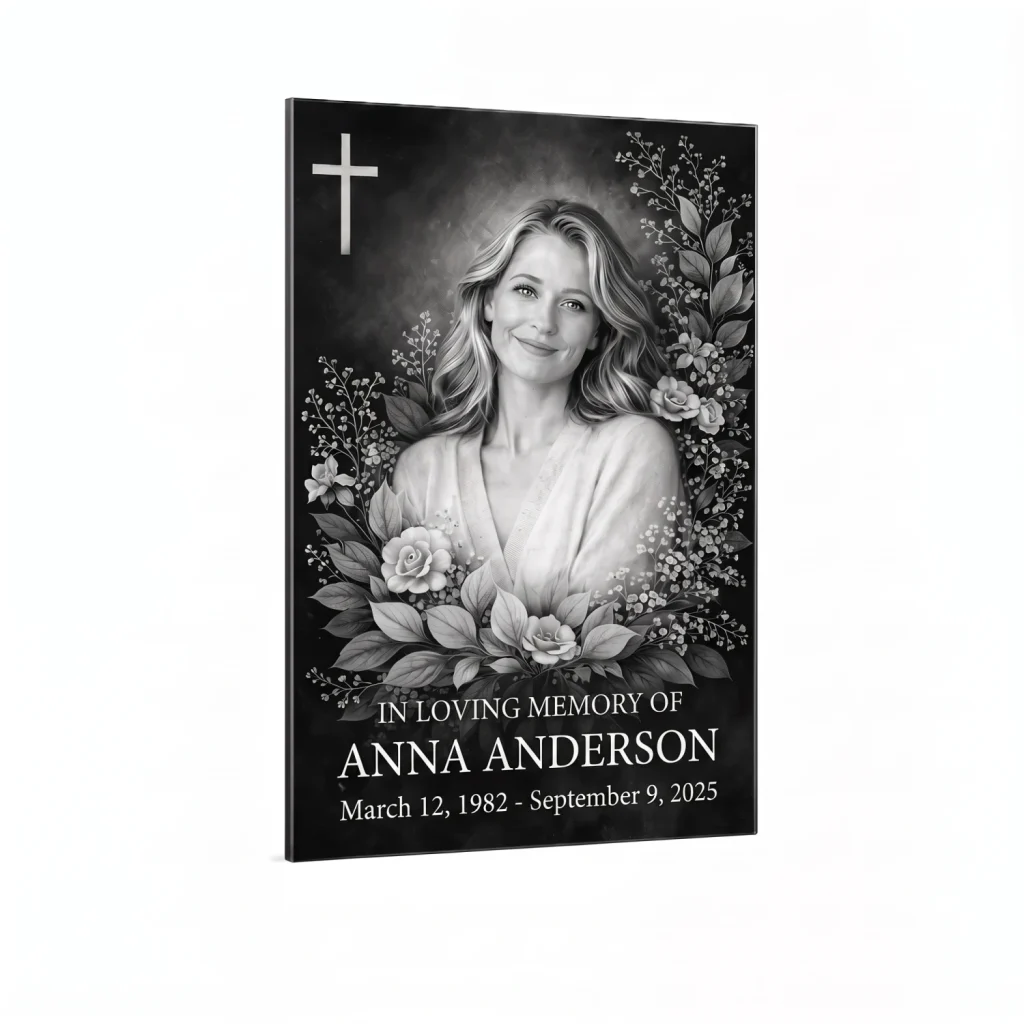 Rectangular black and white memorial plaque with photo and floral decoration