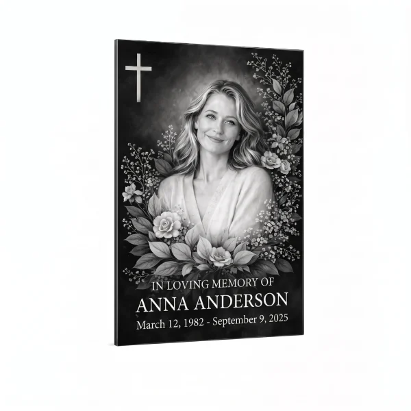Rectangular black and white memorial plaque with photo and floral decoration