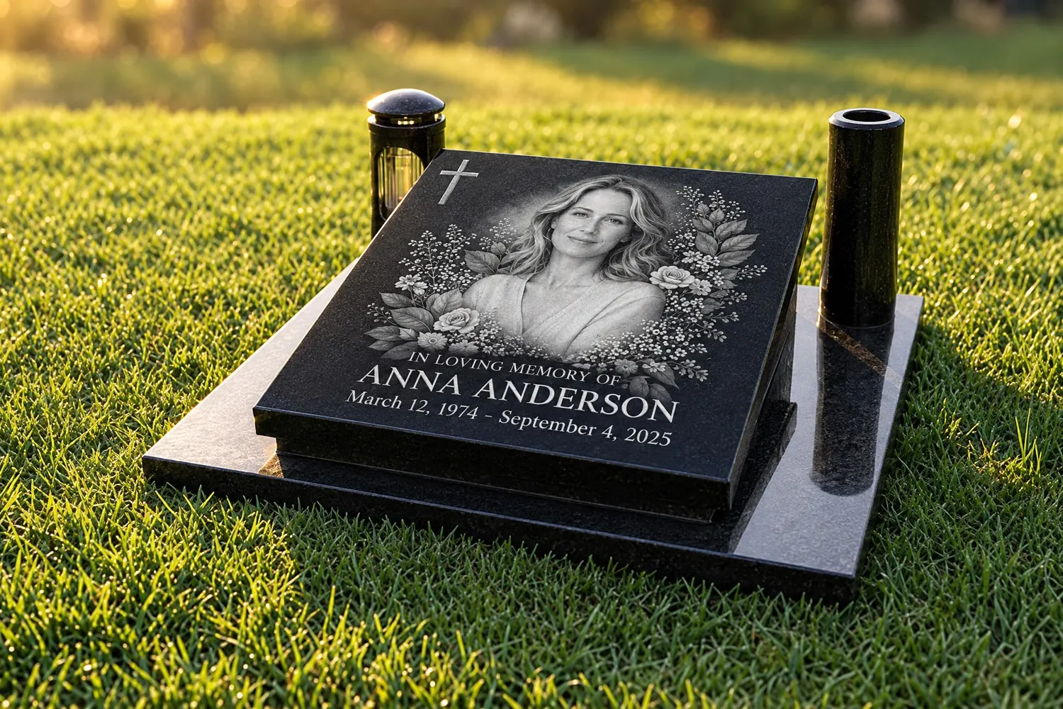 Low black granite urn headstone with a black and white plaque with a photo and vases, on grass in warm light
