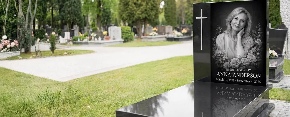 A black granite headstone with a cross and a black and white glass plaque showing a portrait of a woman among roses, with a cemetery path in the background