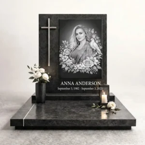large black-and-white headstone photo with flowers on black granite