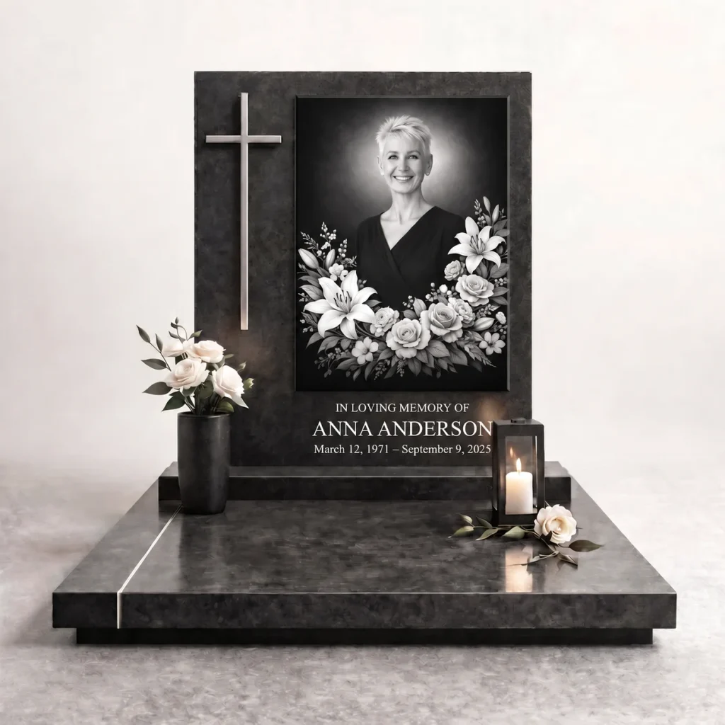 large black and white photo for headstone with floral memorial motif on granite monument
