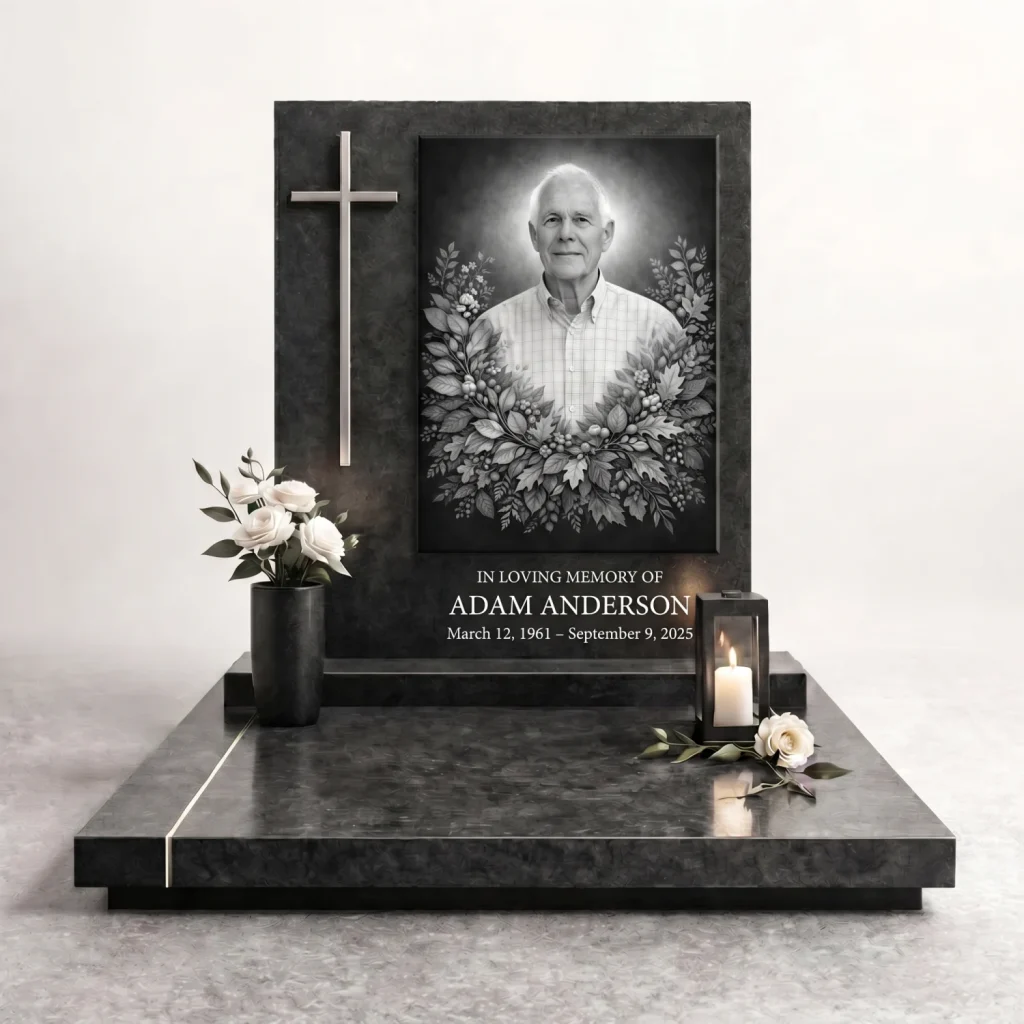 black and white photo for grave with floral motif set into granite headstone