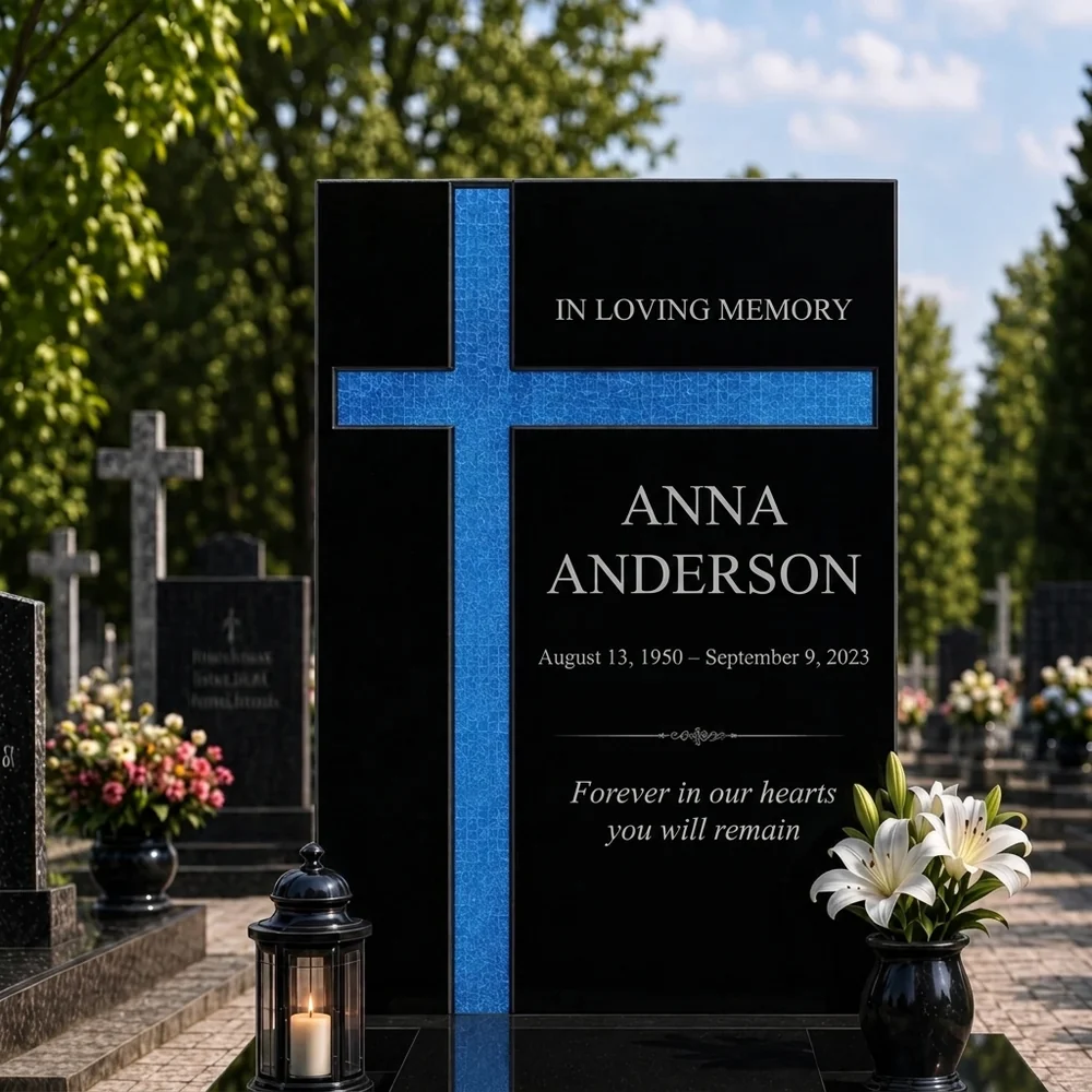 Blue asymmetric glass cross bonded to a black granite headstone