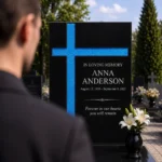 Blue asymmetric glass cross bonded to a black granite headstone
