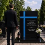 Blue asymmetric glass cross bonded to a black granite headstone