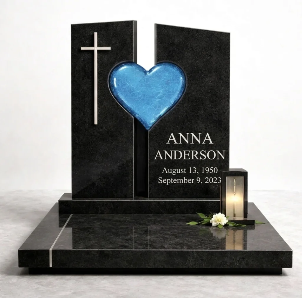 blue fused glass heart on a black granite headstone