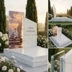 Modern child's memorial in white stone with a glass panel showing an angel, made of tempered glass