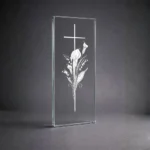 Clear glass panel for a memorial with a cross and calla lily motif on tempered glass