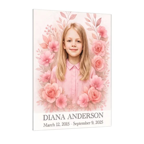 tempered glass memorial plaque with colour photo and pink floral decoration