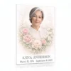 tempered glass memorial plaque with colour photo of deceased woman surrounded by floral motif