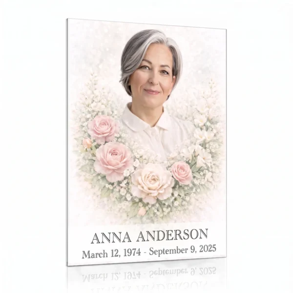 tempered glass memorial plaque with colour photo of deceased woman surrounded by floral motif