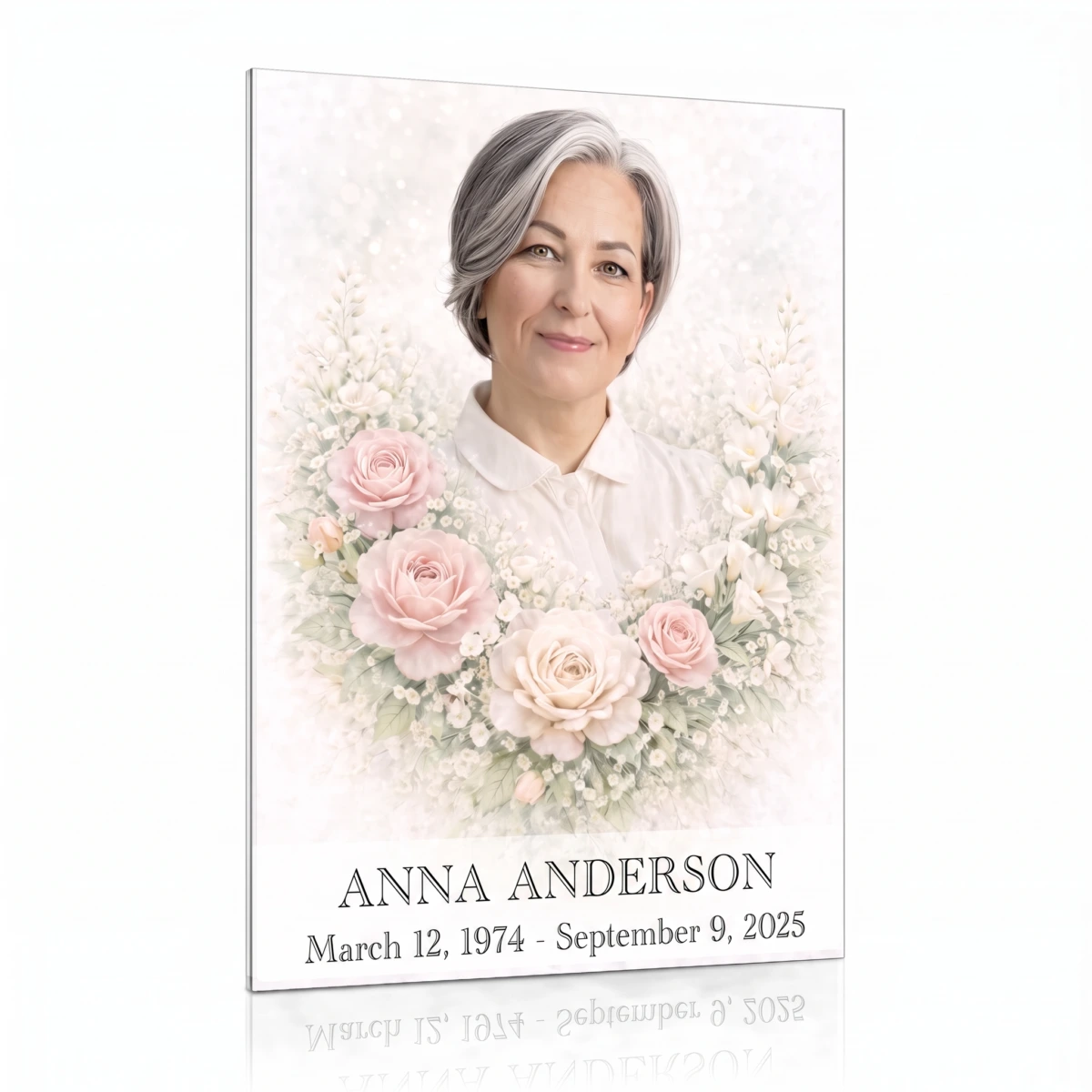 tempered glass memorial plaque with colour photo of deceased woman surrounded by floral motif