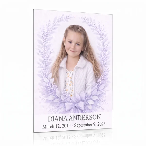 Tempered glass memorial plaque with colour photo and floral wreath motif