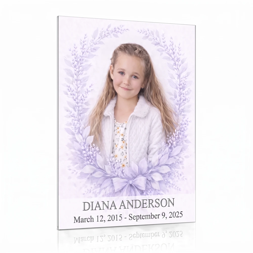 Tempered glass memorial plaque with colour photo and floral wreath motif