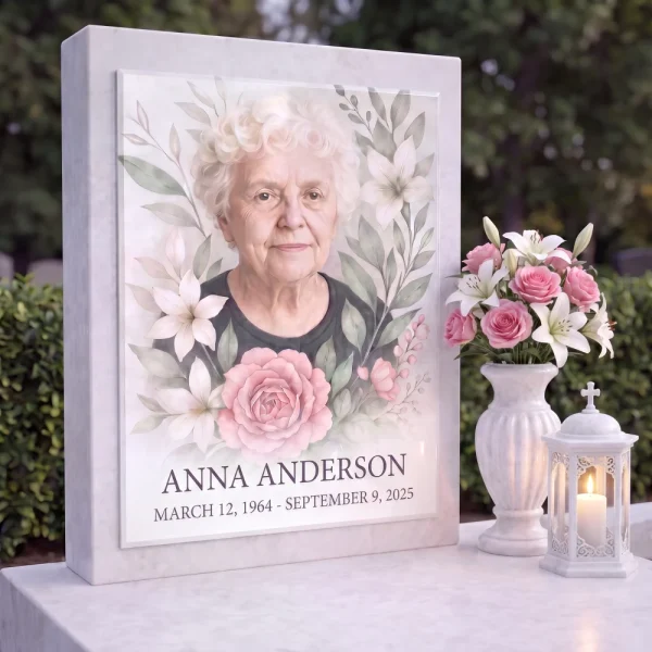 tempered glass memorial plaque with colour photo of deceased and floral motif on headstone