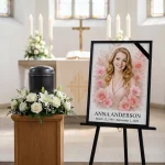 colour photo for memorial with floral frame displayed on easel at funeral service