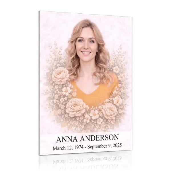 colour photo for memorial with floral motif on tempered glass headstone plaque