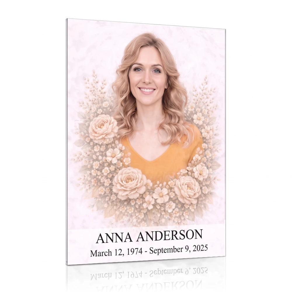 colour photo for memorial with floral motif on tempered glass headstone plaque