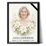 colour photo for memorial with white lily wreath in black frame
