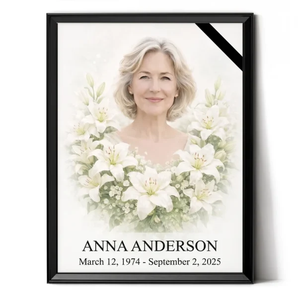 colour photo for memorial with white lily wreath in black frame