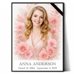 Colour photo for memorial with pink floral decoration and mourning ribbon