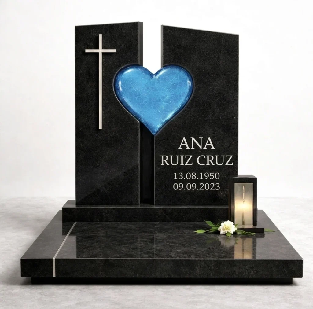 corazón de vidrio fusionado azul en una lápida de granito negro