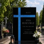 Cruz asimétrica de vidrio azul pegada a una lápida de granito negro