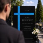 Cruz asimétrica de vidrio azul pegada a una lápida de granito negro