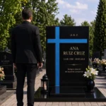 Cruz asimétrica de vidrio azul pegada a una lápida de granito negro