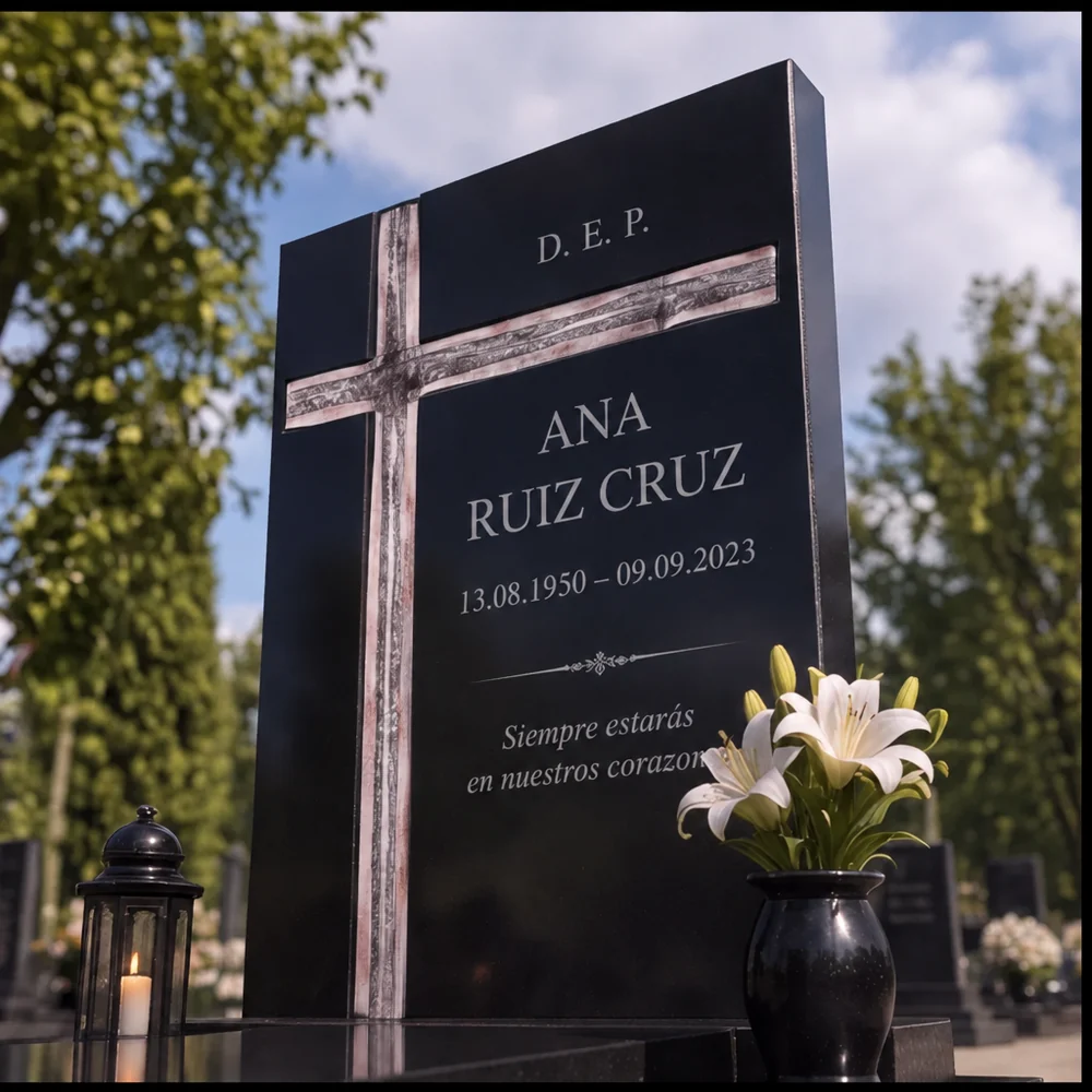Cruz asimétrica de vidrio fusionado en una lápida de granito negro