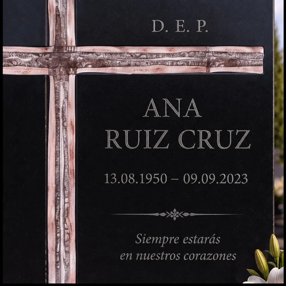 Cruz asimétrica de vidrio fusionado en una lápida de granito negro