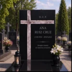 Cruz asimétrica de vidrio fusionado en una lápida de granito negro