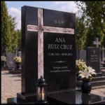 Cruz asimétrica de vidrio fusionado en una lápida de granito negro