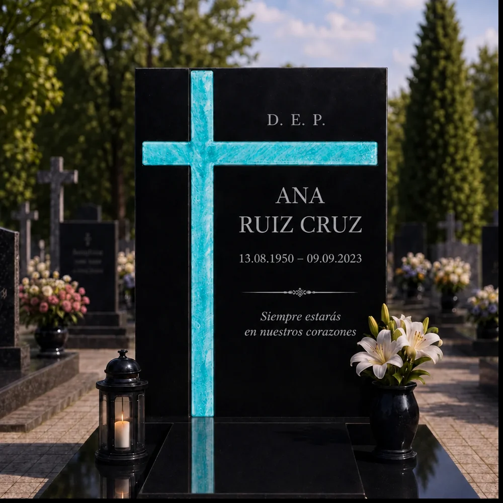 Cruz de vidrio fusionado turquesa en una lápida de granito negro
