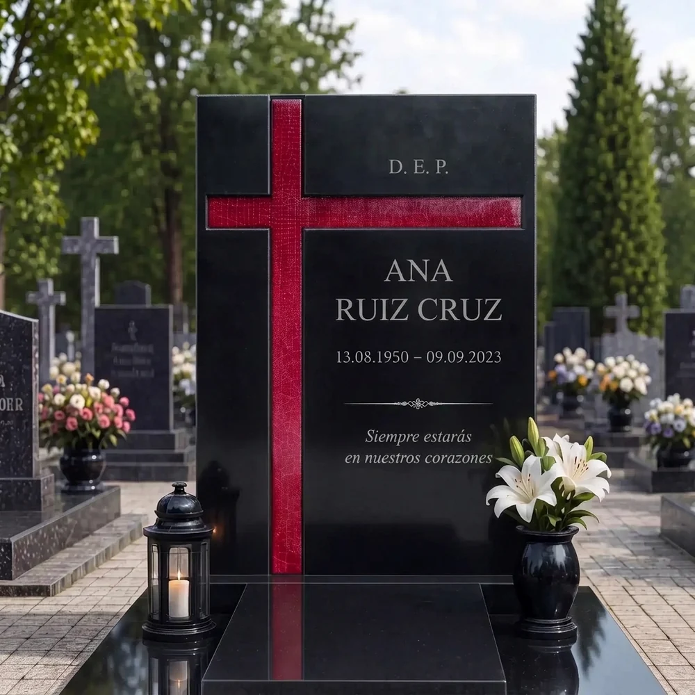Cruz asimétrica de vidrio rojo pegada a una lápida de granito negro