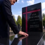 Cruz asimétrica de vidrio rojo pegada a una lápida de granito negro