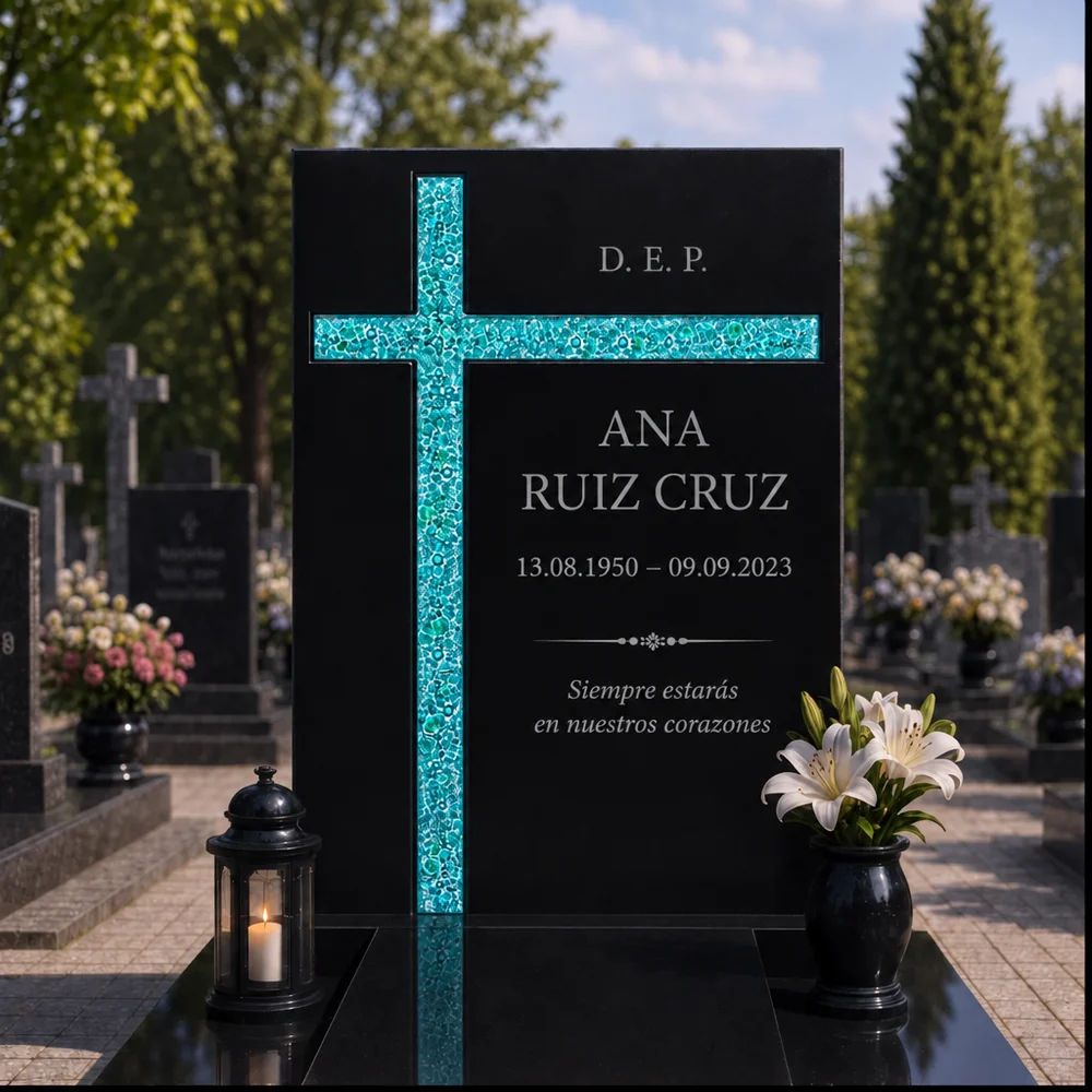 Cruz asimétrica de vidrio turquesa en una lápida de granito negro