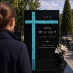 Cruz asimétrica de vidrio turquesa en una lápida de granito negro