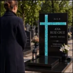 Cruz asimétrica de vidrio turquesa en una lápida de granito negro