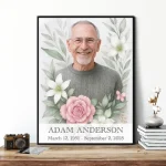 Custom made memorial portrait from photo with floral motif