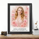 personalised memorial portrait made from photo with floral motif in black frame