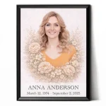 personalised memorial portrait made from photo with floral motif in black frame