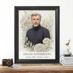 Framed memorial portrait of deceased made from photo with floral illustration