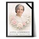 memorial portrait from photo with floral wreath in black frame