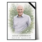 Custom memorial portrait of deceased man for headstone with floral surround
