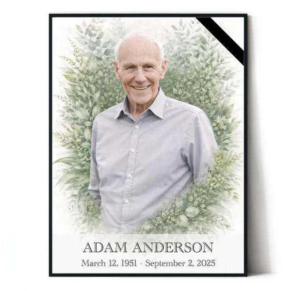 Custom memorial portrait of deceased man for headstone with floral surround