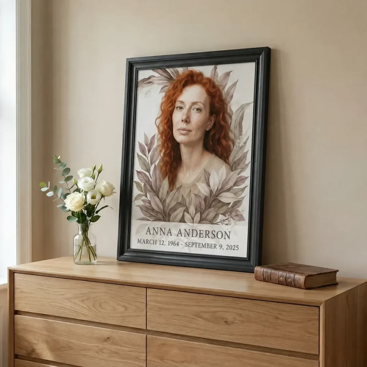 personalised memorial portrait framed with floral motif on cabinet