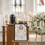 Custom photo for memorial with floral portrait design displayed at funeral service