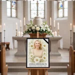 Custom photo for memorial with floral frame displayed on easel at funeral